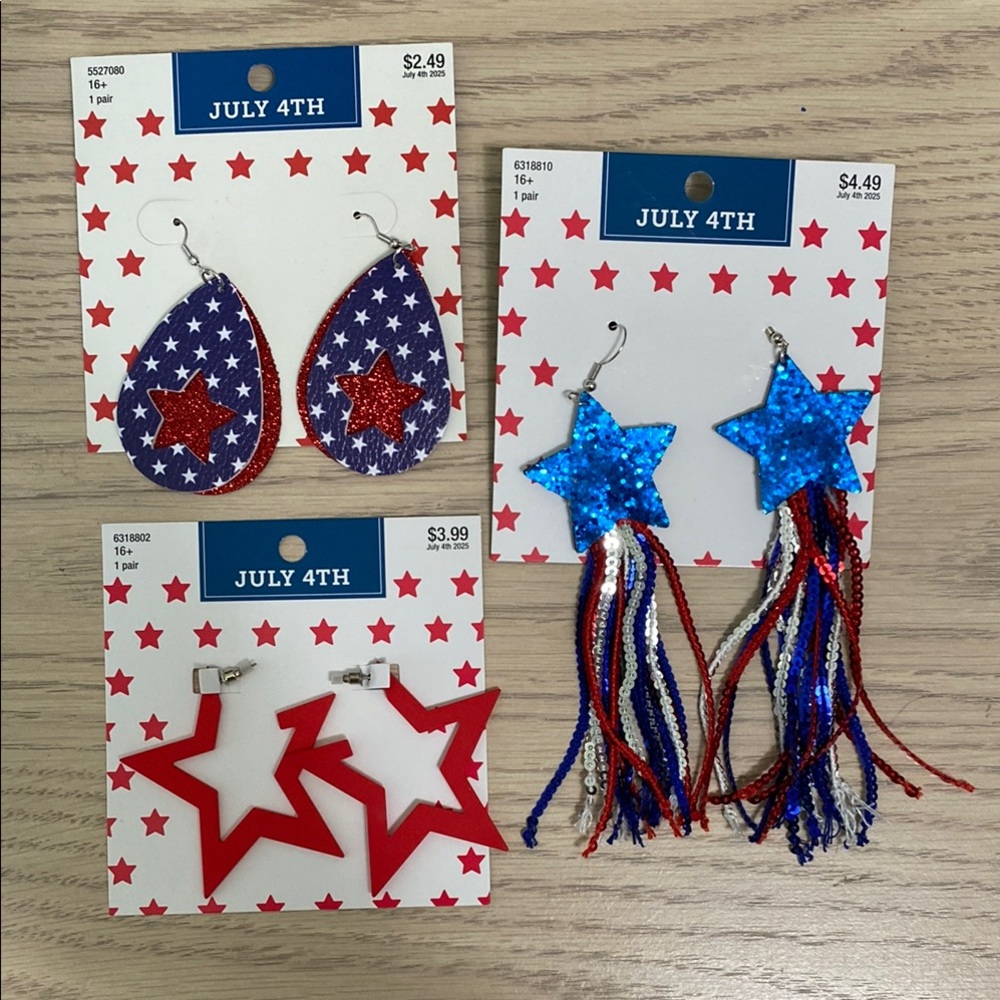 Earrings Fashion Patriotic 3 pairs Fourth of July, Memorial Day, Labor Day